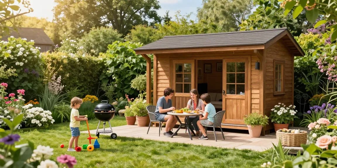 Schönes Gartenhaus umgeben von Blumen und einer spielenden Familie im Garten.