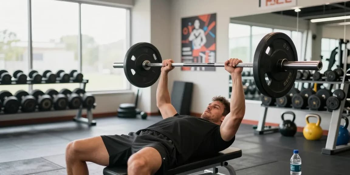Global Pharma Steroids im Fitnessstudio - Athlet beim Bankdrücken mit Gewichten.