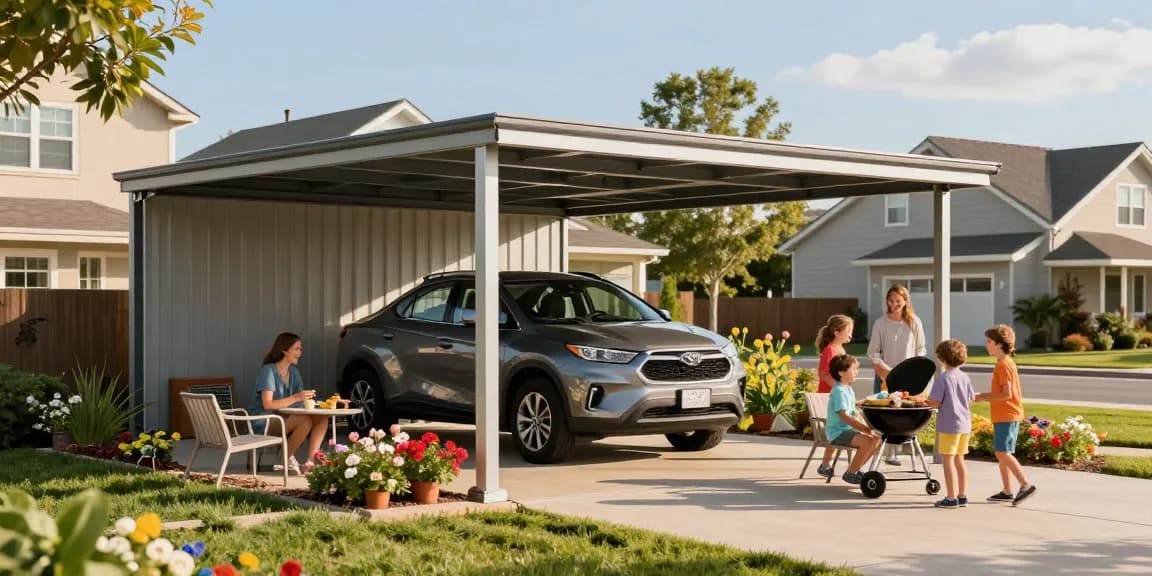 Moderne Carport-Konstruktion als stilvolle Lösung für Fahrzeuge in einem einladenden Wohnumfeld mit Garten.