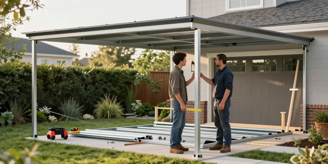 Carport Installation: Neuer Carport wird im Garten mit professionellem Handwerker montiert.
