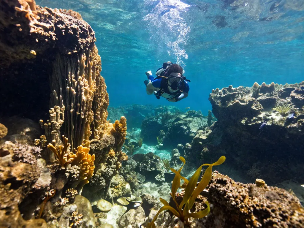 Die Cenote Dos Ojos im klaren Wasser mit Tauchern und beeindruckenden Stalaktiten.