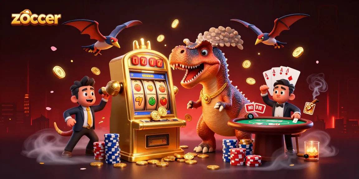 Zoccer-themed 3D illustration of a pachycephalosaurus and slot machine celebrating a jackpot victory in a casino.