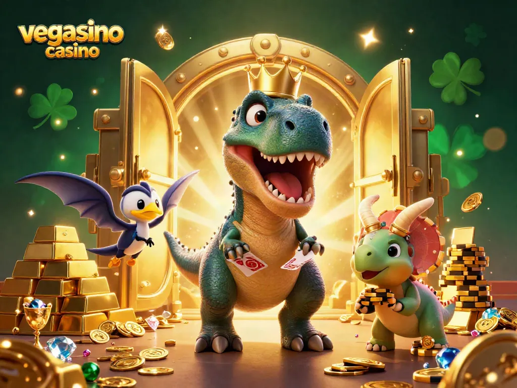 Engage in exciting games at vegasino casino with vibrant characters and golden treasures!