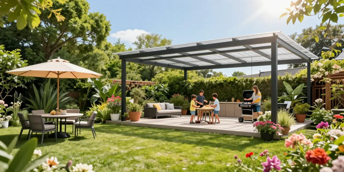 Terrassenüberdachung freistehend, moderne Gartenlandschaft mit Familie beim Grillen unter transparentem Dach.
