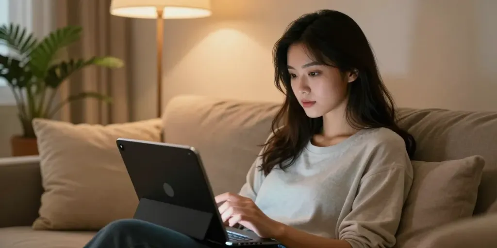 Engaging in free AI sex chat on a tablet, cozy atmosphere.