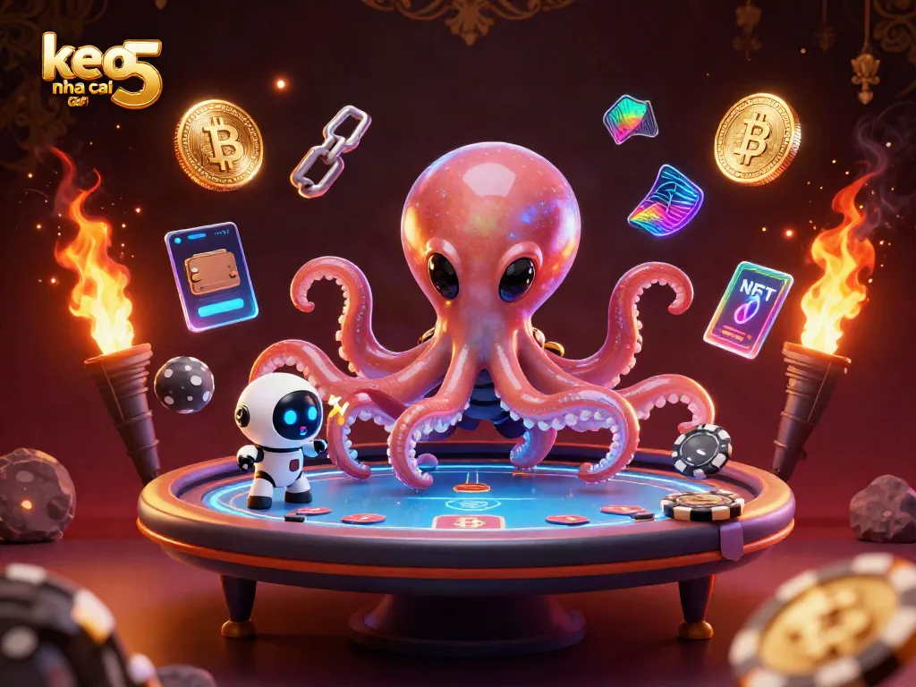 Experience keo nha cai 5 in a vibrant space-themed gambling scene with an octopus and robot.