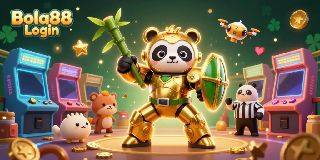 Engage in exciting gameplay with Bola88 Login featuring a golden panda mech and vibrant gaming elements.