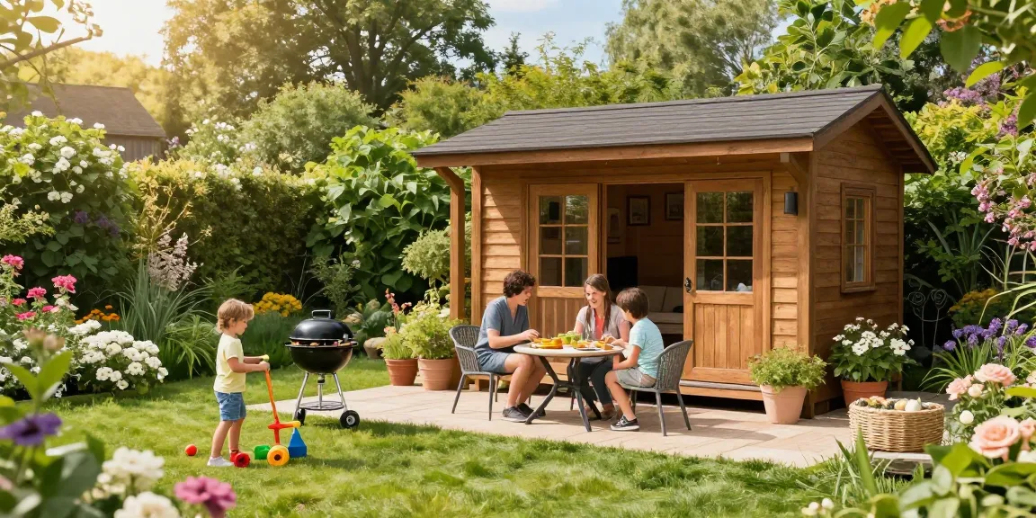 Schönes Gartenhaus umgeben von Blumen und einer spielenden Familie im Garten.
