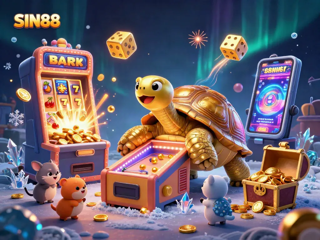Play exciting games at SIN88 with a golden tortoise casino illustration showcasing thrilling jackpots.