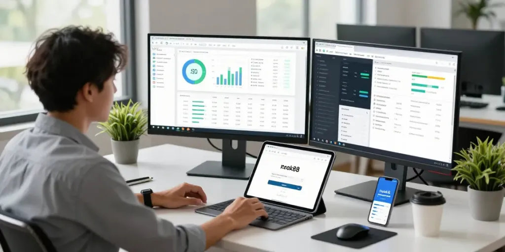 Dynamic workspace illustrating rokok88 link login with SEO analytics for digital marketing.