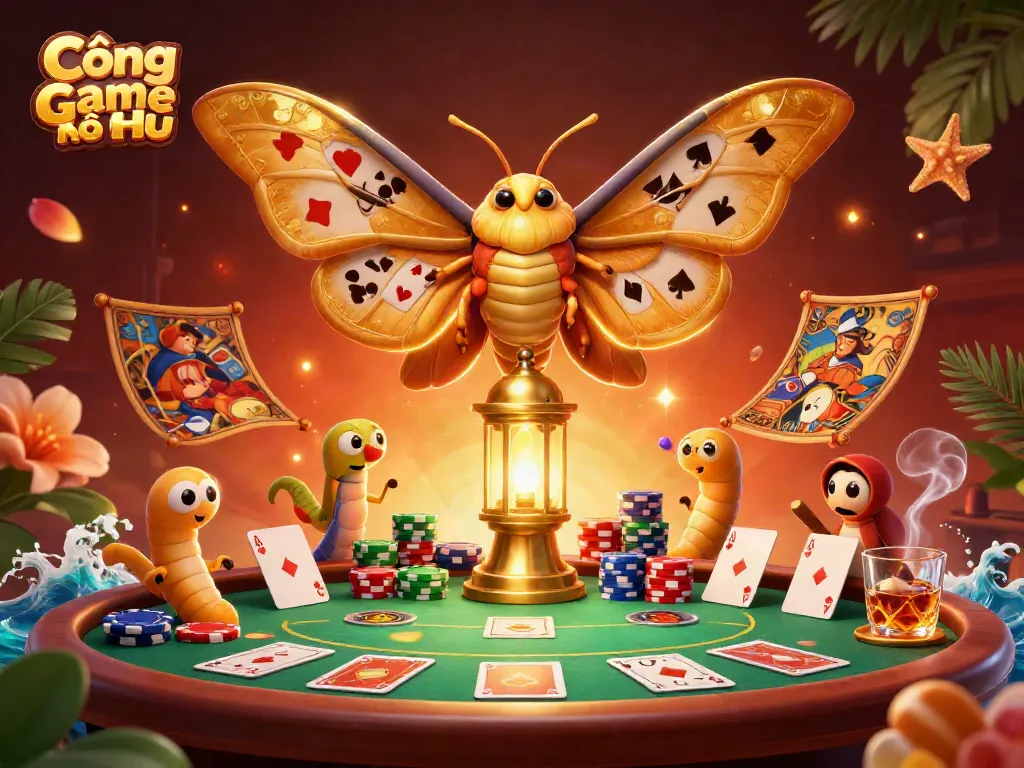Engage with Cổng Game Nổ Hũ through vibrant casino scenes featuring a majestic atlas moth.