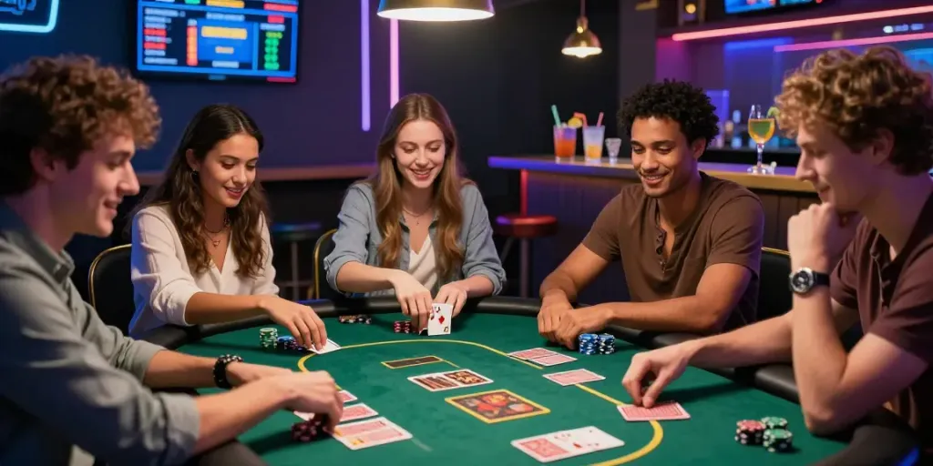 Friends enjoying a lively gaming session at the table, highlighting rokok88 rtp excitement and camaraderie.
