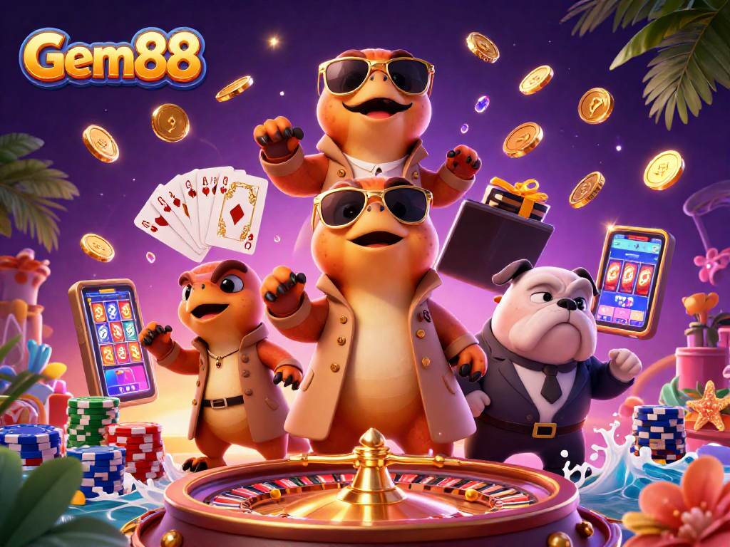 Gem88 raptors in a trench coat entering a VIP casino lounge, amidst flying coins and casino elements