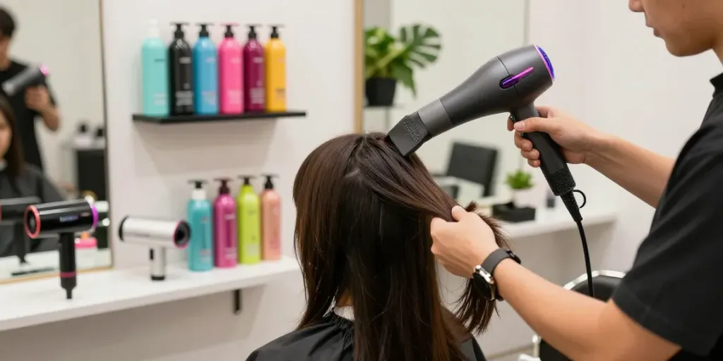 Haartrockner im Test: Anwendung eines Laifen Haartrockners in einem modernen Friseursalon