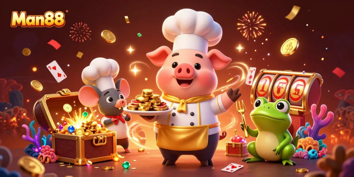 Engage in thrilling casino dynamics with Man88 as a chef pig serves gold coins amid a vibrant gaming scene.