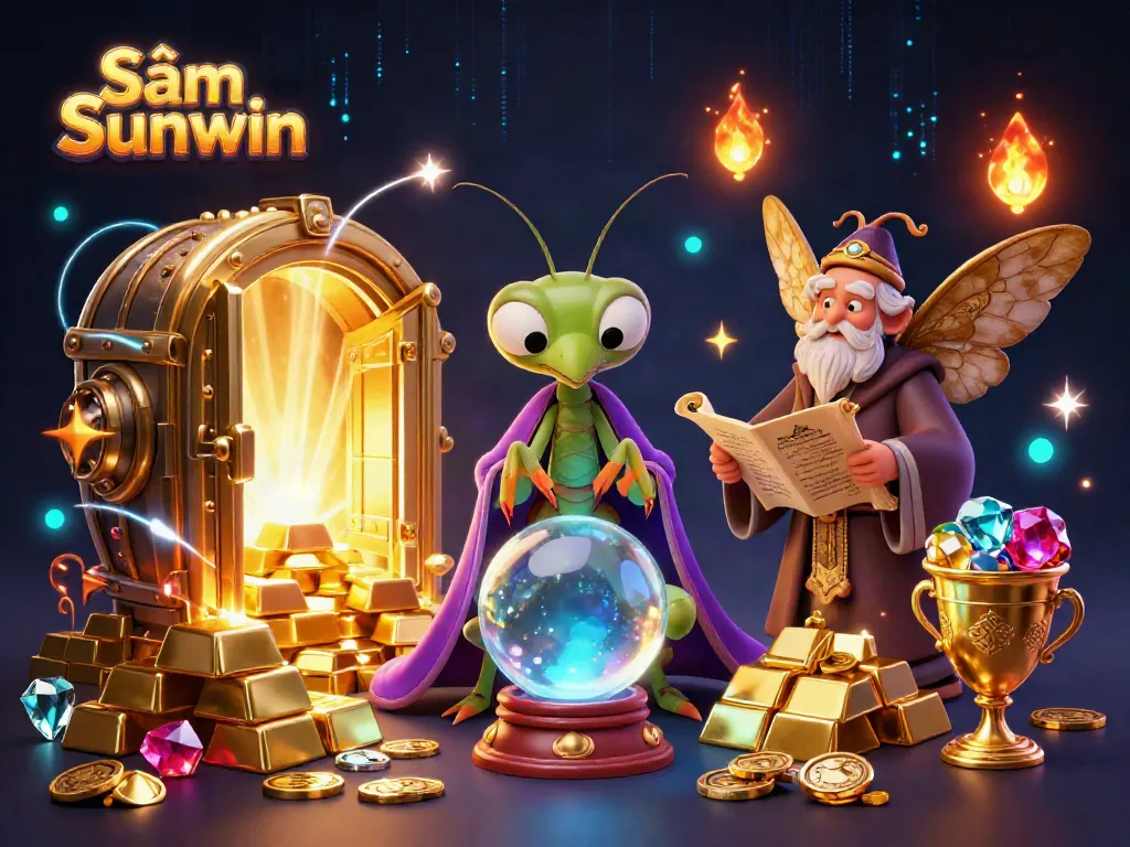 Sâm Sunwin showcases a vibrant casino world where strategy meets magic through a fortune teller's crystal ball and unique characters.