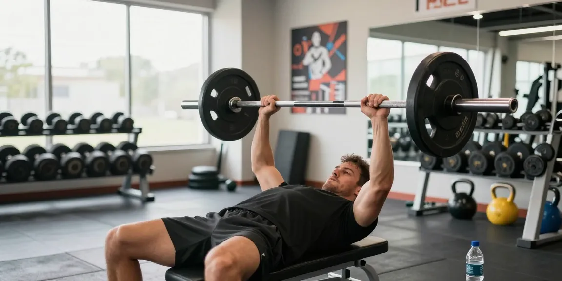 Global Pharma Steroids im Fitnessstudio - Athlet beim Bankdrücken mit Gewichten.