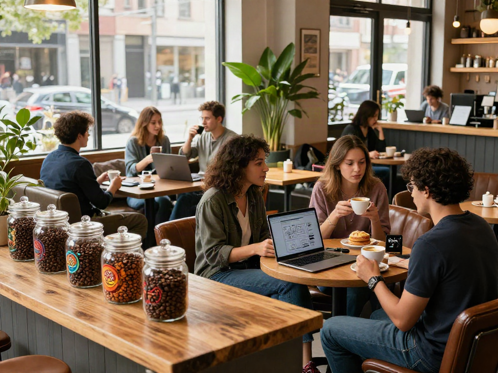 Friends enjoying coffee in a cozy café scene inspired by rokok88, showcasing vibrant atmosphere and creative conversations.