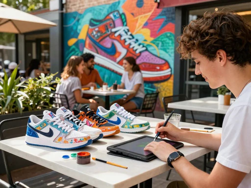 Schuhe personalisieren in einem urbanen Café mit bunten Designs und fröhlicher Atmosphäre.