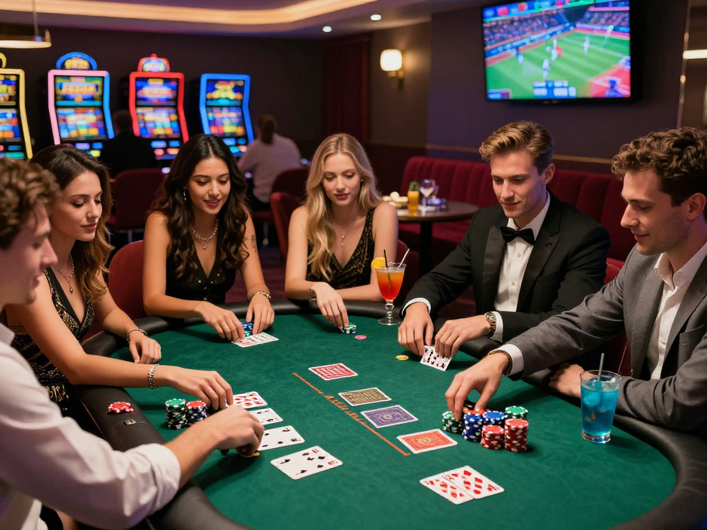 Engaging poker game with friends at a casino, showcasing rokok88 daftar excitement and thrill amidst vibrant atmosphere.