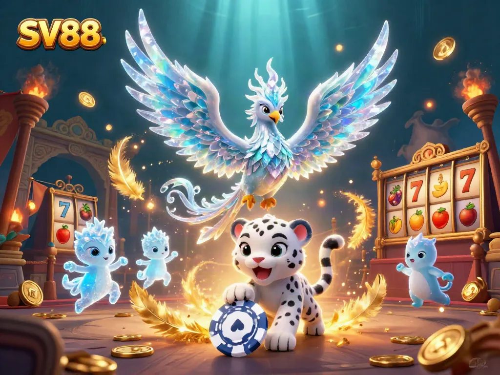 Win big with SV88 at this dynamic illustrated casino scene featuring playful characters.