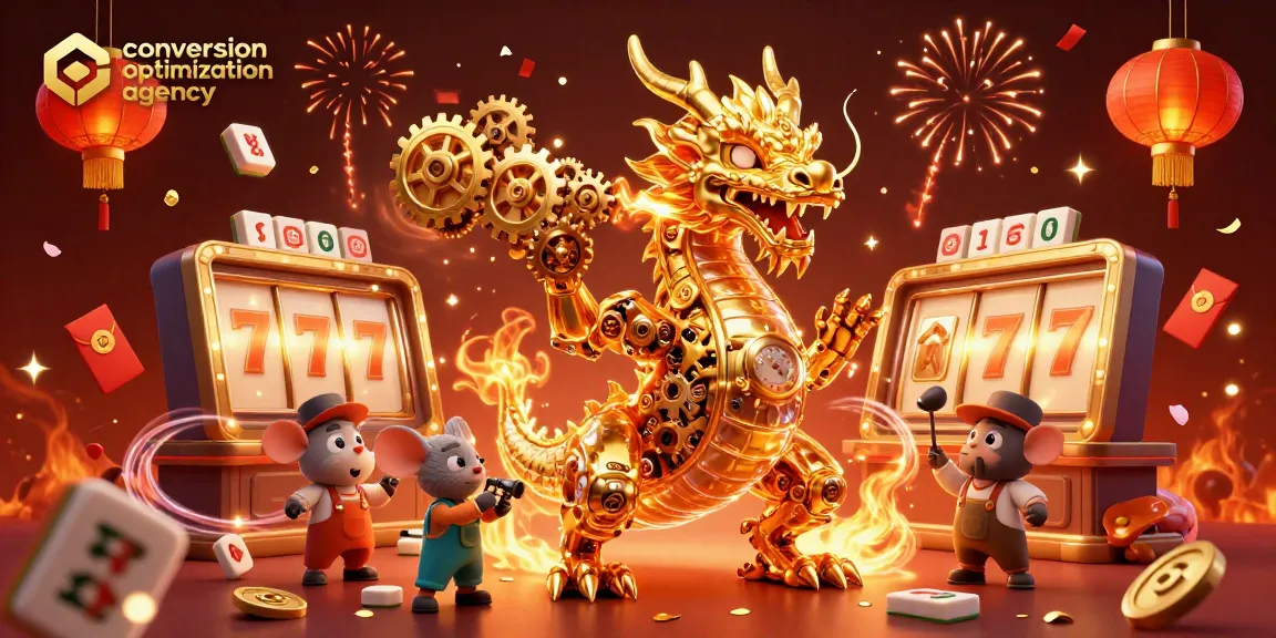 Engage players with the conversion optimization agency's dynamic design featuring intricate slot elements, golden coins, and vibrant fireworks.