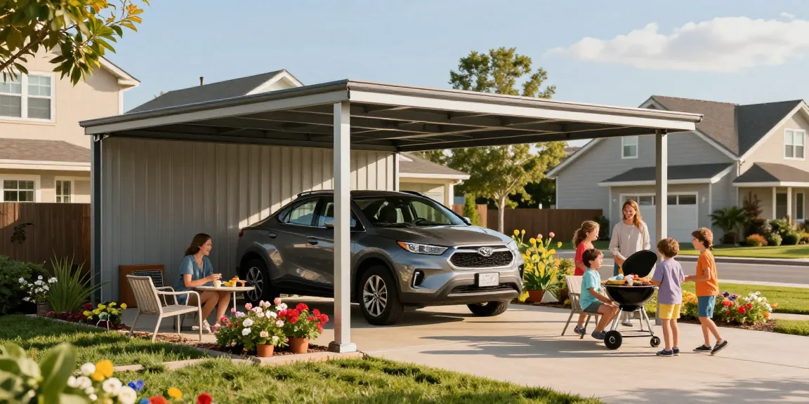 Moderne Carport-Konstruktion als stilvolle Lösung für Fahrzeuge in einem einladenden Wohnumfeld mit Garten.