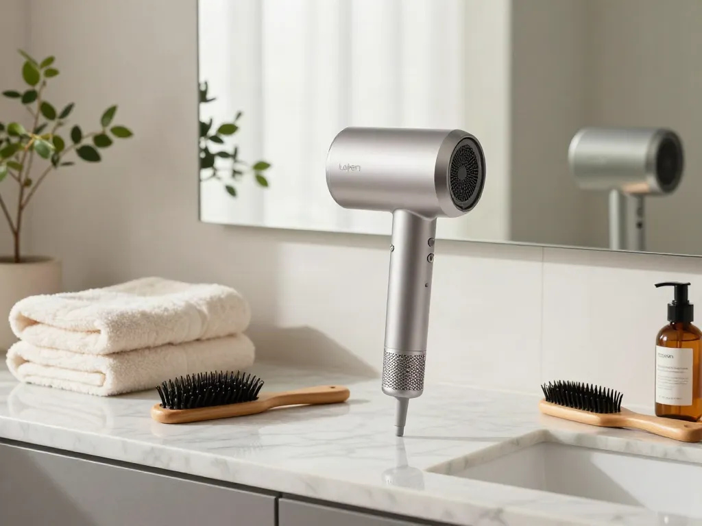 Der Laifen Föhn auf einem eleganten Marmortresen in einem modernen Badezimmer, umgeben von luxuriösen Handtüchern und Hautpflegeprodukten.