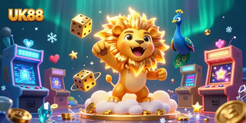 Bet and win with UK88 in an exciting 3D casino fantasy scene featuring diverse gaming elements.