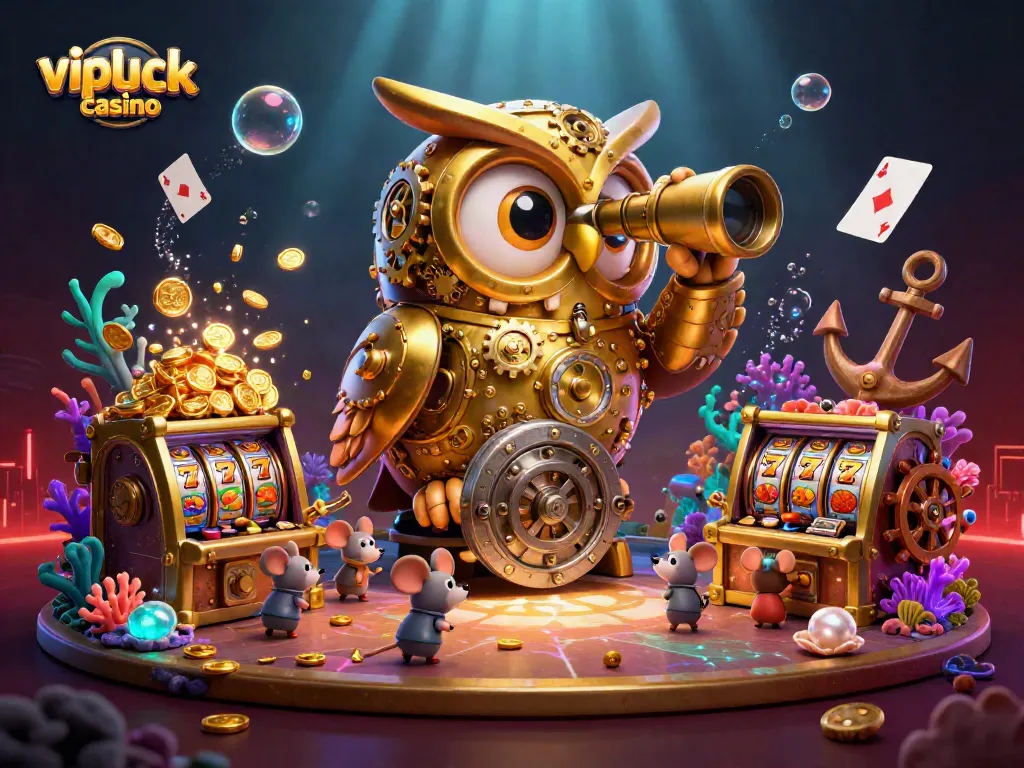 Experience the excitement of vipluck casino with a vibrant 3D illustration featuring gaming characters and slot machine action.