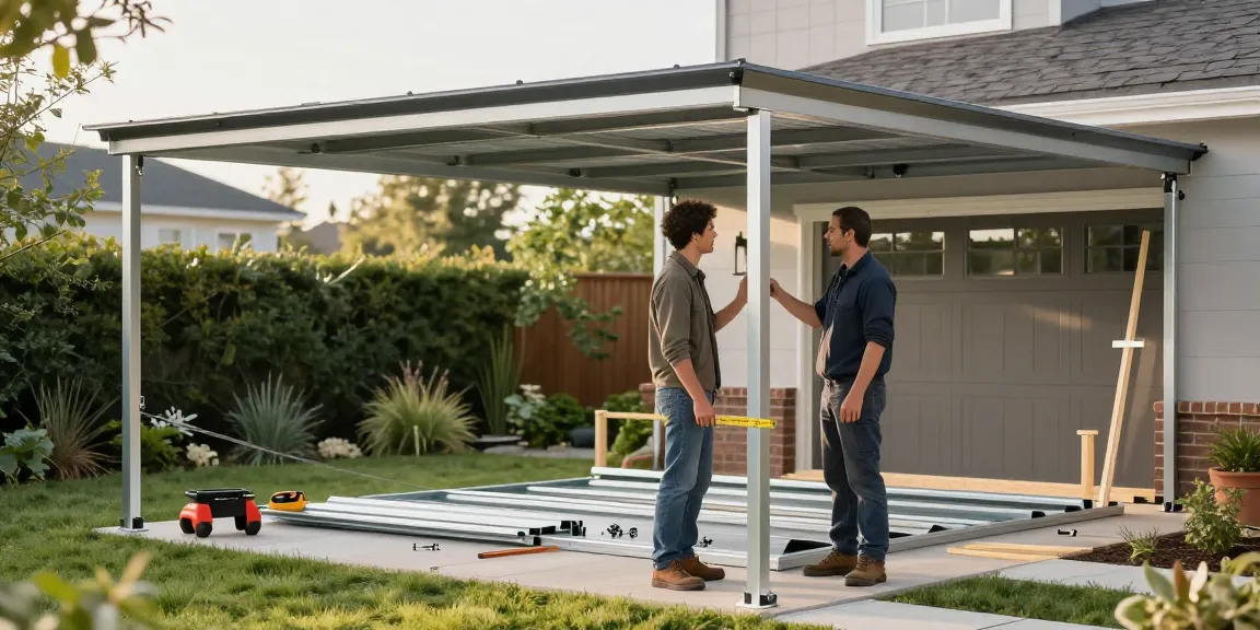 Carport Installation: Neuer Carport wird im Garten mit professionellem Handwerker montiert.