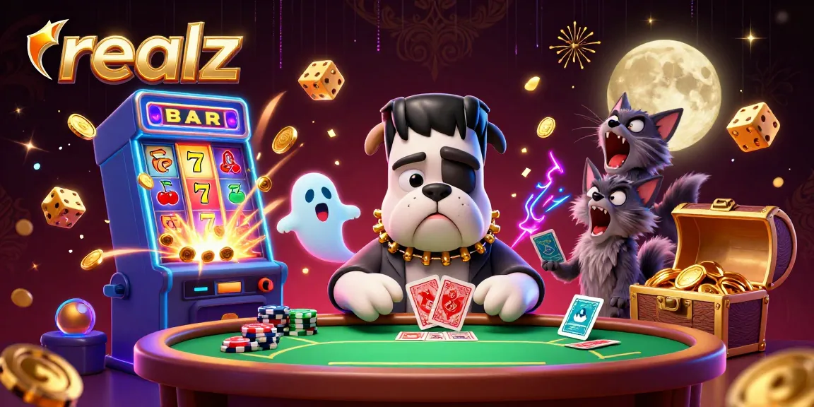 Engaging scene showing realz characters dealing cards at a spooky poker table, surrounded by casino elements.